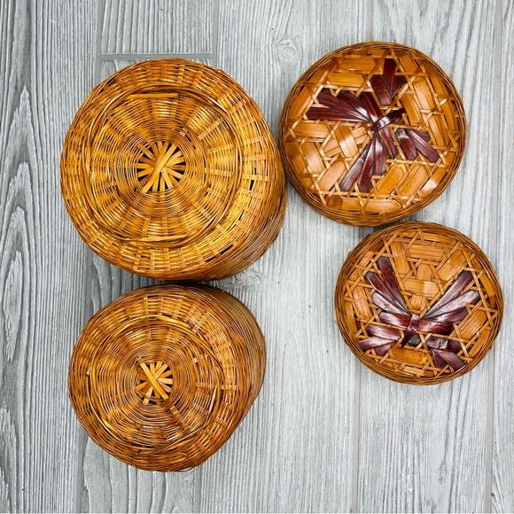 Vintage wicker woven butterfly nesting trinket baskets boho decoration set of 2 - Picture 8 of 8